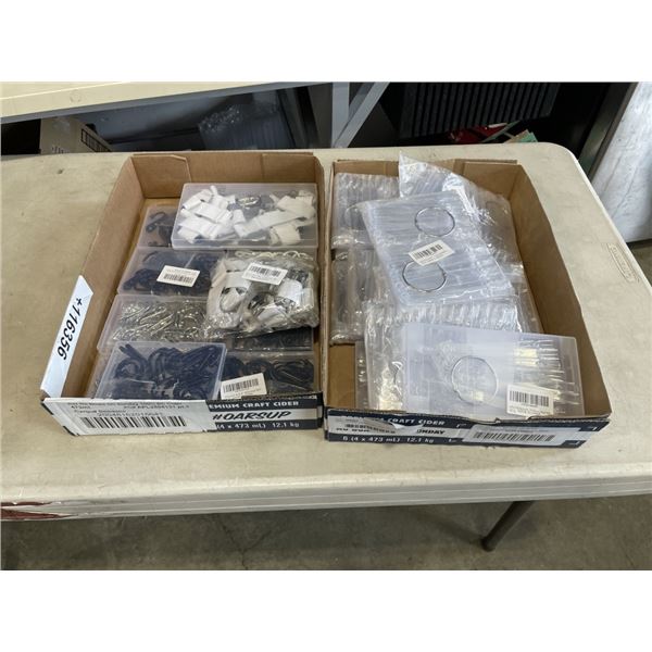 TRAY OF NAIL SWATCHES AND TRAY OF BED SHEET HOLDERS & VARIOUS HOOKS
