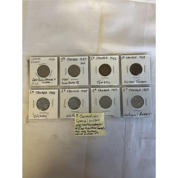 8 CANADIAN SPECIAL NICKELS 1936 LAST KING GEORGE V 1937 DOT FIRST KING GEORGE VI, 1942-43 TOMBAC, 19