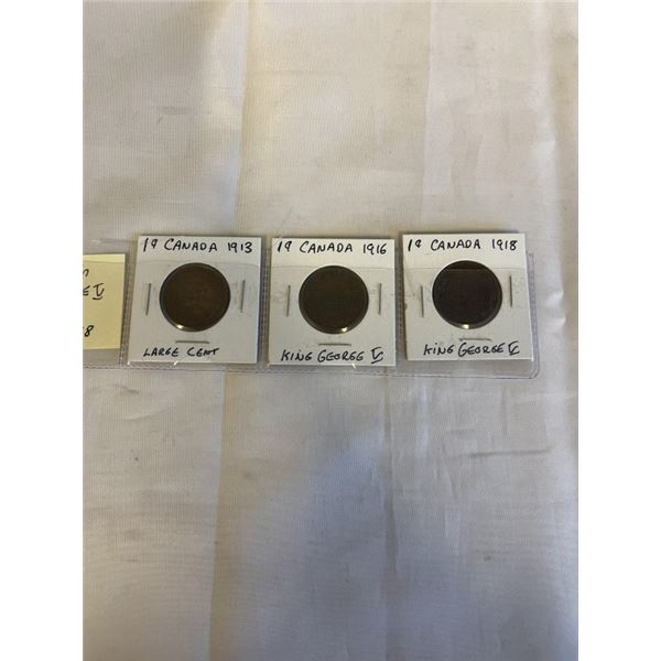 3 CANADIAN KING GEORGE V LARGE CENTS 1913, 1916, 1918