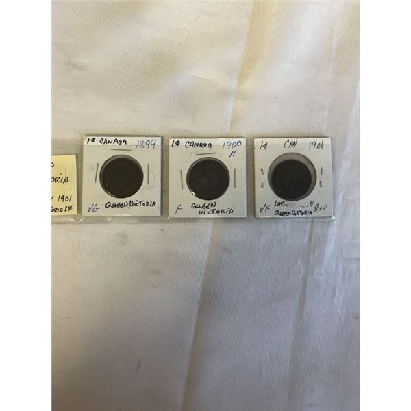 3 CANADIAN QUEEN VICTORIA LARGE CENTS 1899, 1900, 1901 - LAST QUEEN VICTORA