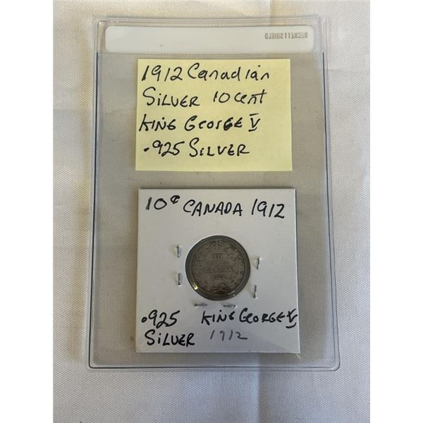 1912 CANADIAN SILVER 10 CENT KING GEORGE V .925 SILVER