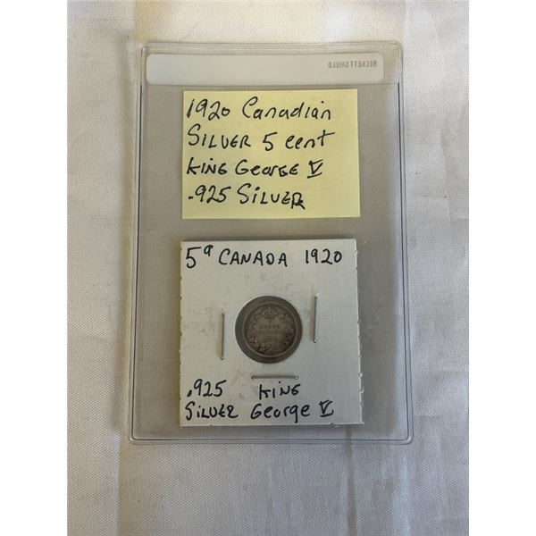 1920 CANADIAN SILVER 5 CENT KING GEORGE V .925 SILVER