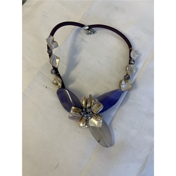 MOTHER OF PEARL AND PURPLE STONES W/ DARK PURPLE CORD NECKLACE