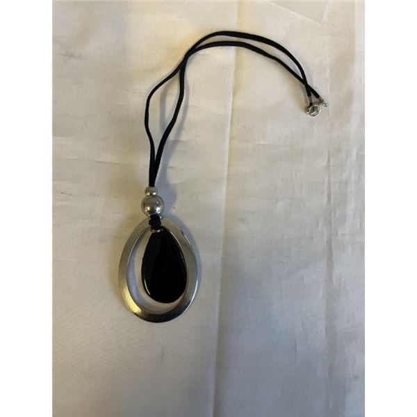 STAINLESS STEEL W/ BLACK ENAMEL PENDANT W/ BLACK CORD NECKLACE