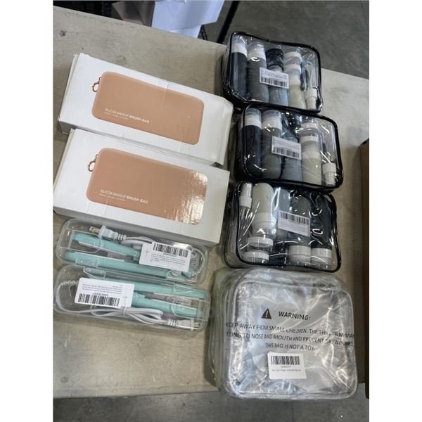 ASSORTED NEW TRAVLE COSMETIC ITEMS INLCUDING CURLING IRONS, BOTTLE SETS ETC