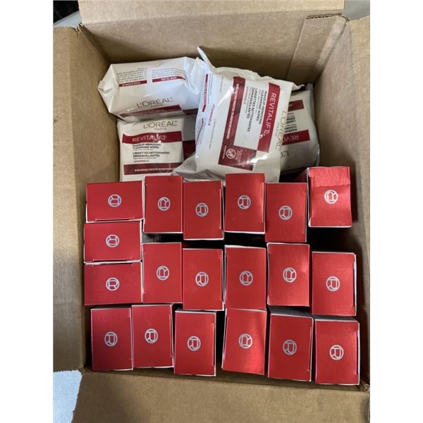 CASE OF 19 L'OREAL PARIS REVITALIFT PLUMPING SERUM AND 4 PACKS OF L'OREAL PARIS REVITALIFT MAKEUP RE