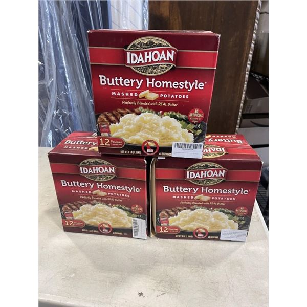 3 NEW PACKS OF 12 IDAHOAN BUTTERY HOMESTYLE MASHED POTATOES, 12 PIOUCHES, 48 SERVING TOTAL PER BOX