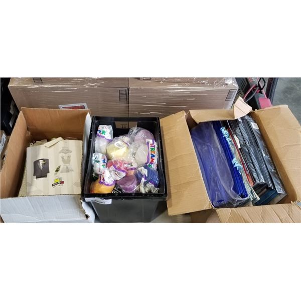 2 BOXES OF GIFT BAGS AND BIN OF PARTY STREAMERS