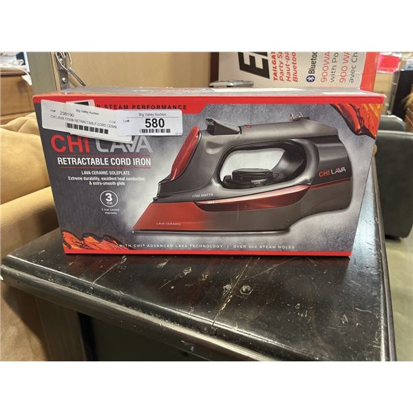 CHI LAVA 1700W RETRACTABLE CORD CERAMIC SOLEPLATE STEAM IRON - TESTED WORKING, RETAIL $154