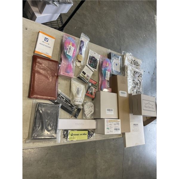 ASSORTED NEW VANITY AND BEAUTY PRODUCTS, HAIR COMBS, HAIR CLIPS, FABRIC BAGS ETC