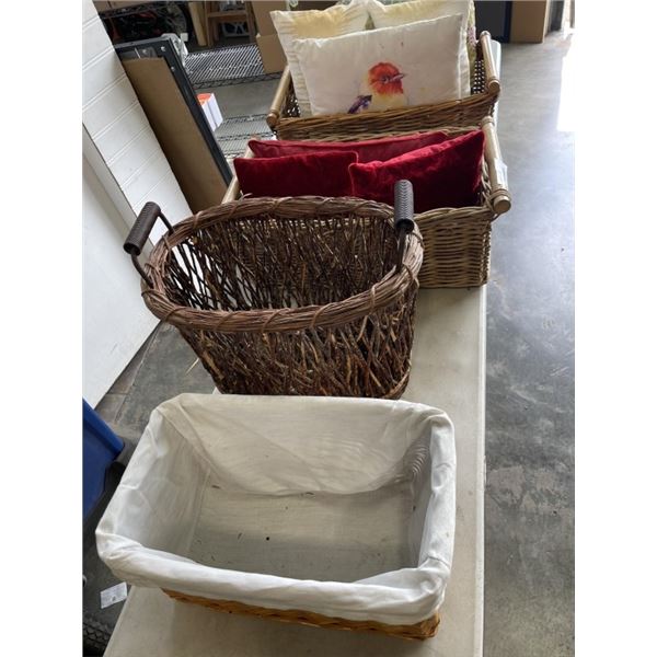 LOT OF WICKER BASKETS AND THROW PILLOWS