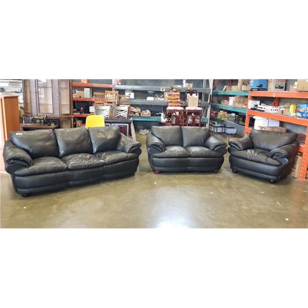 3pc BLACK LEATHER SOFA SET, NO RIPS OR TEARS, INCLUDES SOFA, LOVESEAT AND CHAIR