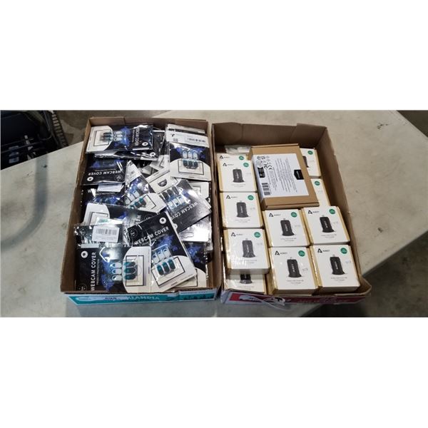 TRAY OF 19 AUKEY DUAL USB CAR CHARGERS, ONE 4 PORT CHARGER AND TRAY OF WEBCAM COVERS