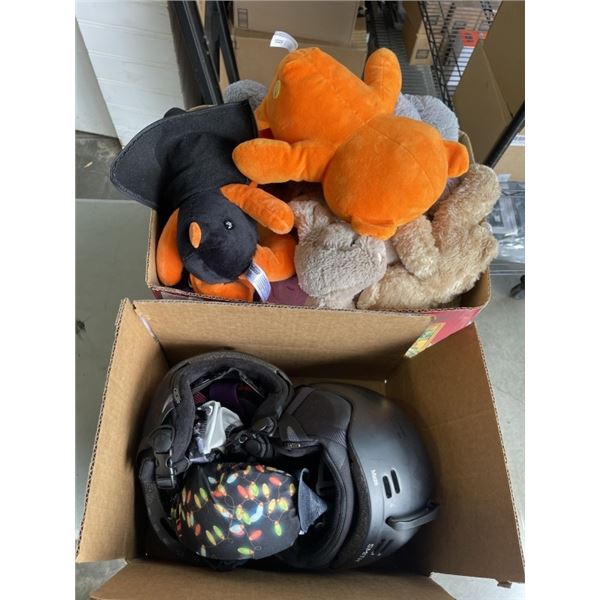 BOX OF NEW STUFFIES AND KIDS HELMETS