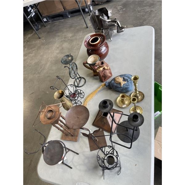 BOX AND BIN OF CANDLE HOLDERS, TIN MAN, AND OTHER COLLECTIBLES