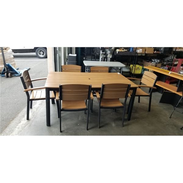 MODERN TEAK FINISH PATIO DINING TABLE WITH 6 CHAIRS