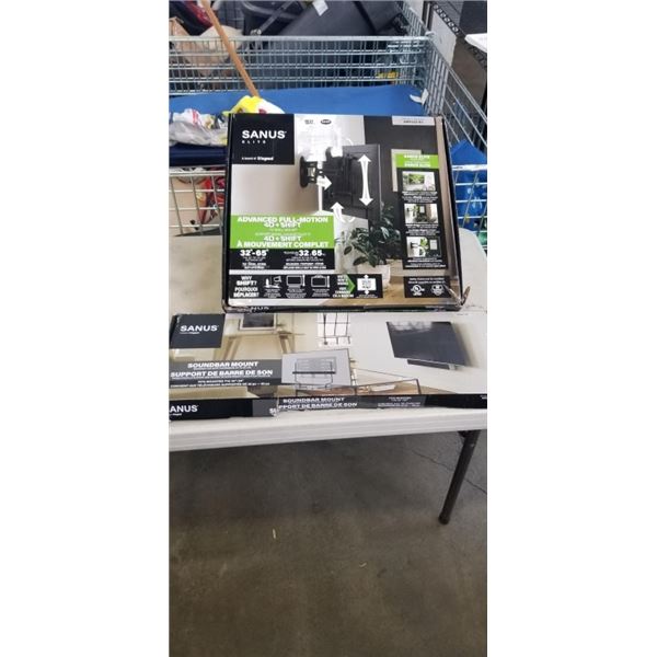 AS NEW SANUS ELITE 4D 32-65 INCH FULL MOTION TV WALL MOUNT AND SANUS SOUNDBAR MOUNT