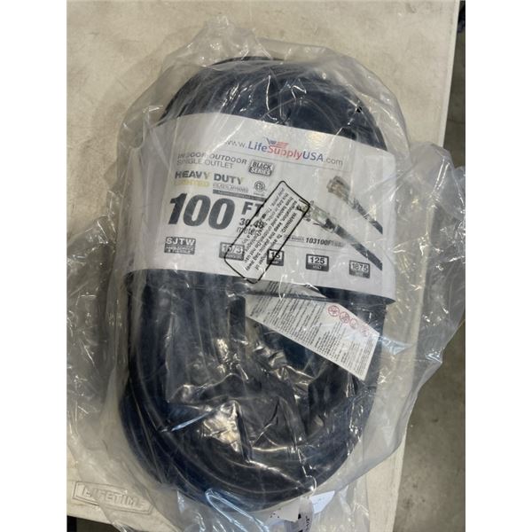 AS NEW BLACK 100FT LIFE SUPPLY HEAVY DUTY INDOOR OUTDOOR 3 WIRE GROUNDED LIGHTED EXTENSION, 10AWG