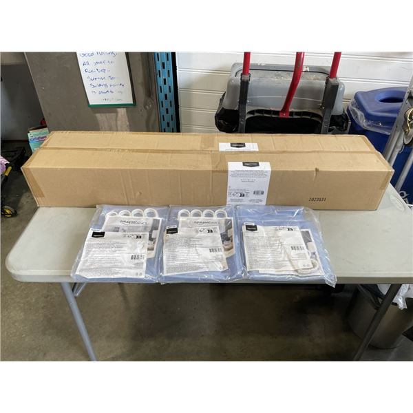 2 NEW SHOWER RODS (ONE BRONZE, ONE BLACK) WITH 3 BLUE SHOWER CURTAINS