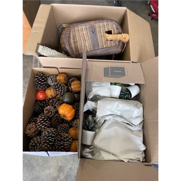 3 BOXES OF DECOR ITEMS, BASKET, ETC