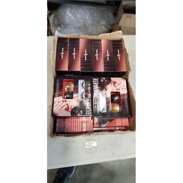 BOX OF NEW NAIL POLISH AND FAKE EYELASHES