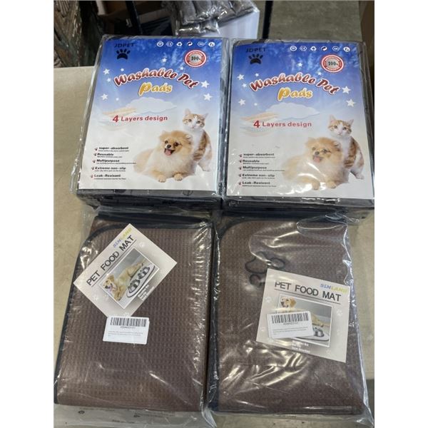 2 NEW WASHABLE LARGE PET PADS AND 2 NEW ABSORBENT PET FOOD MATTS