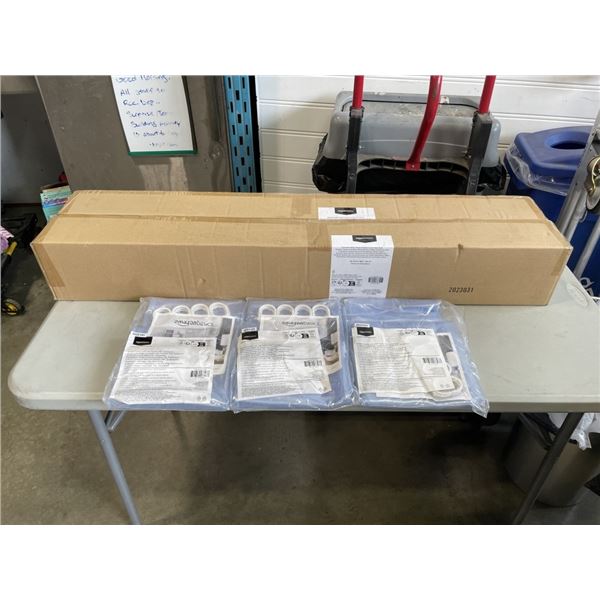 2 NEW SHOWER RODS (ONE BRONZE, ONE BLACK) WITH 3 BLUE SHOWER CURTAINS