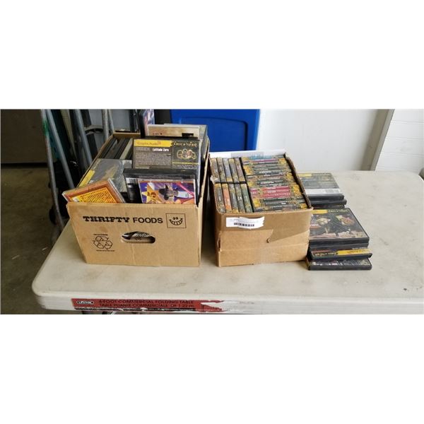 2 BOXES OF CDS, DVDS, AUDIO BOOKS, ETC