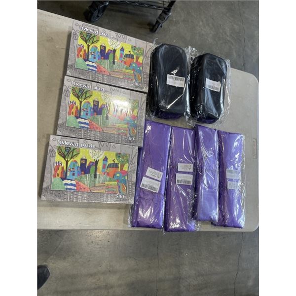 2 NEW NINTENDO SWITCH CARRY CASES, LOT OF PUPRPLE PLASTIC SHOPPING BAGS AND 3 NEW PUZZLES
