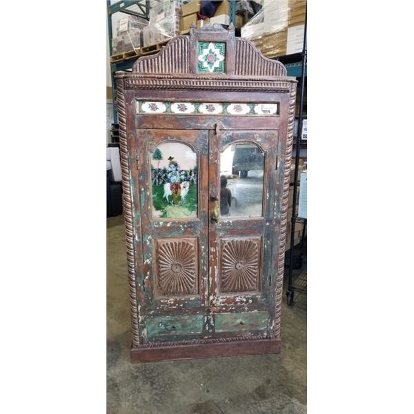 VINTAGE HAND CRAFTED AND CARVED STAIN GLASS TILE INLAY 2 DOOR CABINET