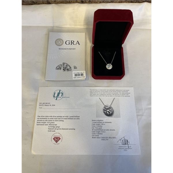 5.00 CT TW GRA CERTIFIED ROUND BRILLIANT CUT MOISSANITE STONE 925 STERLING SILVER PENDANT W/ 26 ROUN