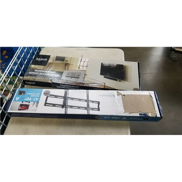 AS NEW INSIGNIA 47-90 INCH TILTING TV WALL MOUNT AND SANUS SOUNDBAR MOUNT