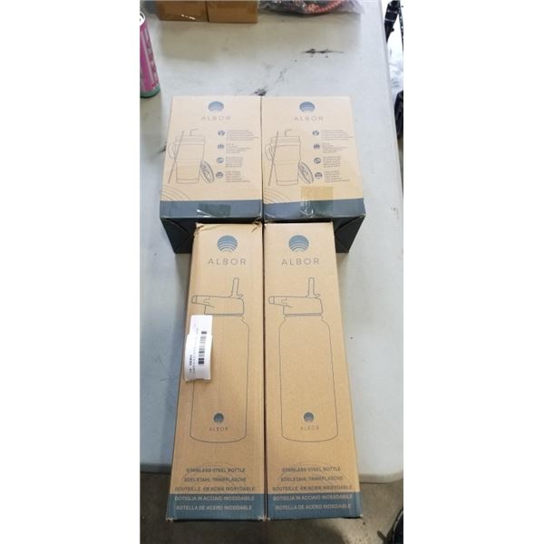 4 NEW ALBOR STAINLESS STEEL WATER BOTTLES, 4 TUMBLERS WITH HANDLE , LID AND STRAWS, AND 2 1L BOTTLES