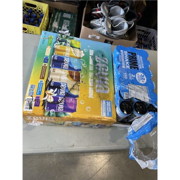 CASE OF ASSORTED ZEVIA DRINKS AND CASE OF PRIME COOKIES AND CREAM PROTEIN SHAKES