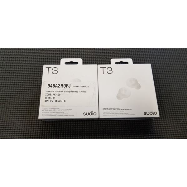 2 PAIRS OF SUDIO T3 IN EAR BLUETOOTH BUDS, GYM READY