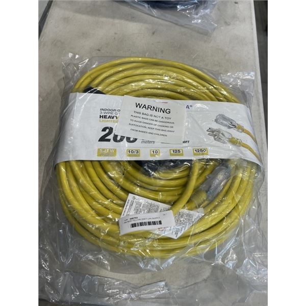 AS NEW YELLOW 200FT LIFE SUPPLY HEAVY DUTY INDOOR OUTDOOR 3 WIRE GROUNDED LIGHTED EXTENSION, 10AWG