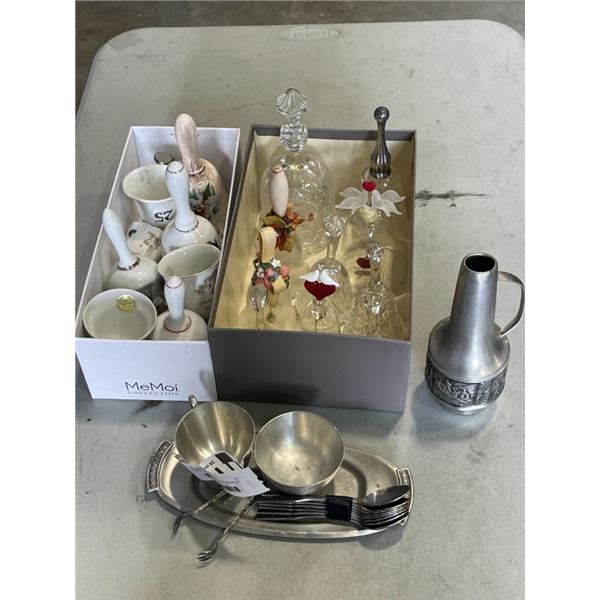 2 BOXES OF VINTAGE BELLS AND PEWTER CREAM SUGAR SET, SPOONS, ETC