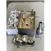 Image 1 : 2 BOXES OF VINTAGE BELLS AND PEWTER CREAM SUGAR SET, SPOONS, ETC