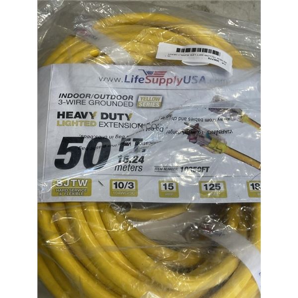 AS NEW YELLOW 50FT LIFE SUPPLY HEAVY DUTY INDOOR OUTDOOR3 WIRE GROUNDED LIGHTED EXTENSION, 10AWG
