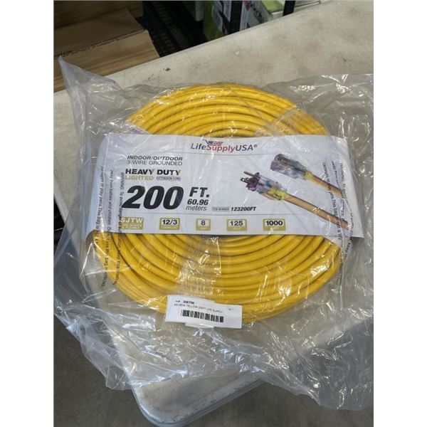 AS NEW YELLOW 200FT LIFE SUPPLY HEAVY DUTY INDOOR OUTDOOR 3 WIRE GROUNDED LIGHTED EXTENSION, 12AWG
