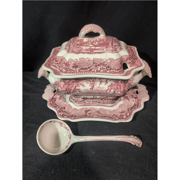 Mason’s Vista Ironstone Soup Tureen with Lid, 8 Soup Bowls/Plates and Ladle
