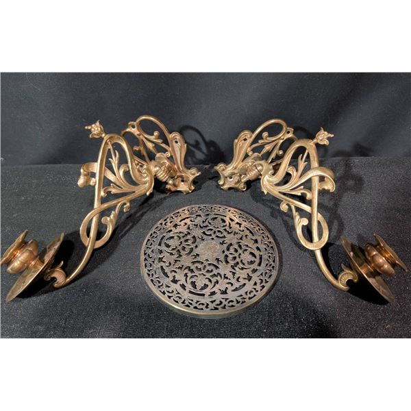 Brass Wall-Mounted Candle Holders with Decorative Pierced Brass Plate