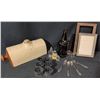 Image 1 : Diverse Vintage Items Including Stoneware Jug, Silver-Plated Napkin Rings, and Decorative Frames