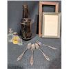 Image 6 : Diverse Vintage Items Including Stoneware Jug, Silver-Plated Napkin Rings, and Decorative Frames