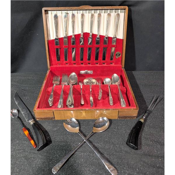 Silver-Plated Flatware by WM Rogers & Son and Others in Wooden Case