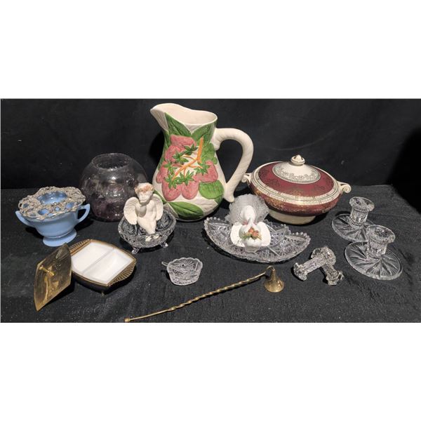 Decorative Ceramic, Crystal, and Metal Pieces Including Crown Ducal China
