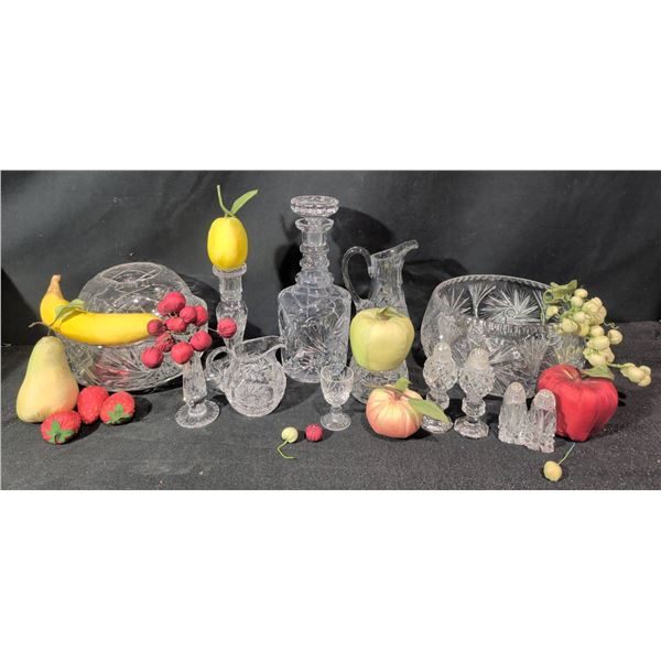 Cut Glass and Crystal Tableware Including Carafe, Bowls, and Salt Shakers