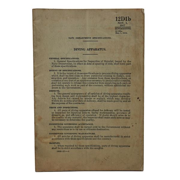 Rare US Navy Diving Apparatus Nov. 1st 1917 Manual Supplement
