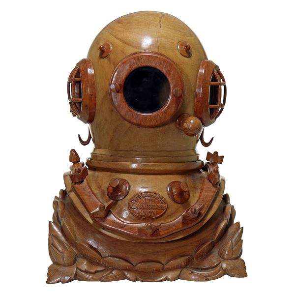 Hand Carved Wood Siebe Gorman Diving Helmet & Stand