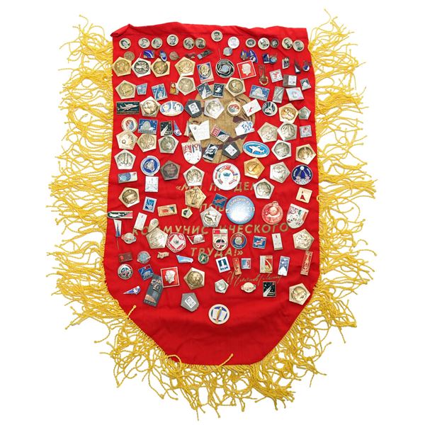 Soviet Banner With Huge Collection of Soviet Space Race Pins